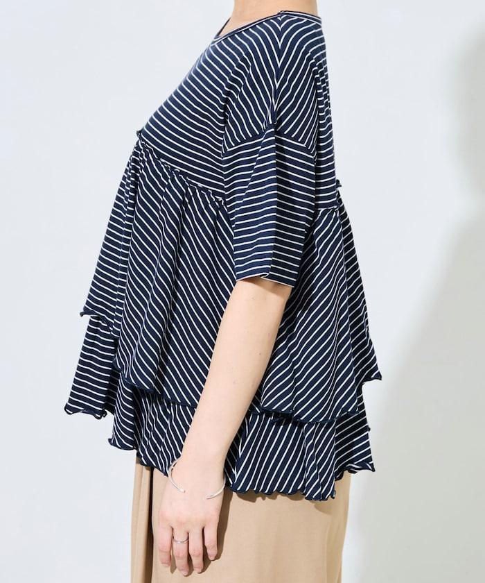 條紋荷葉邊拼接短袖上衣