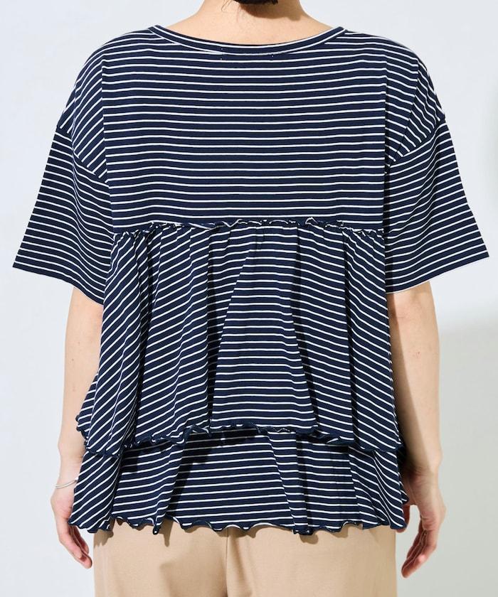 條紋荷葉邊拼接短袖上衣