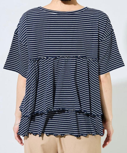 條紋荷葉邊拼接短袖上衣