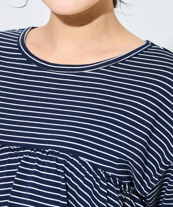 條紋荷葉邊拼接短袖上衣