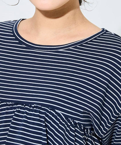 條紋荷葉邊拼接短袖上衣