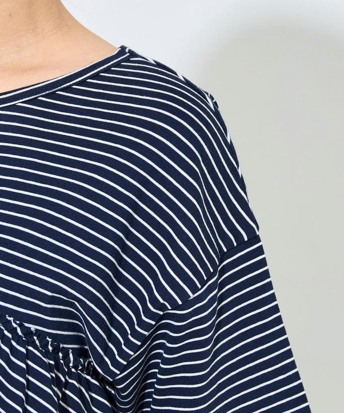 條紋荷葉邊拼接短袖上衣