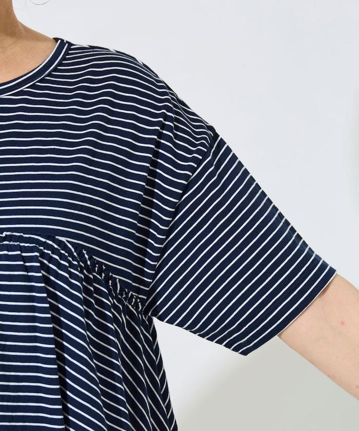 條紋荷葉邊拼接短袖上衣