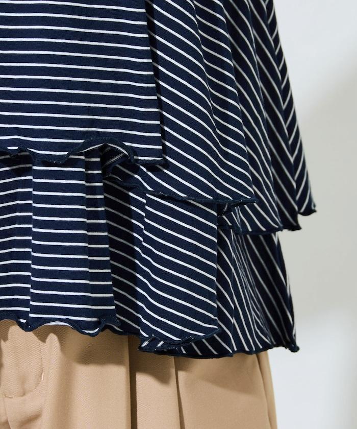 條紋荷葉邊拼接短袖上衣