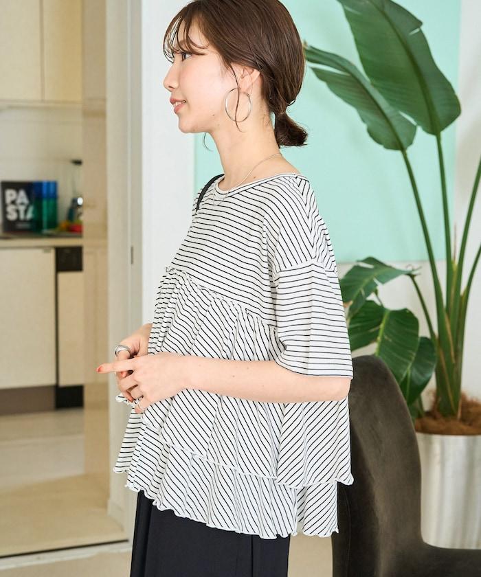 條紋荷葉邊拼接短袖上衣