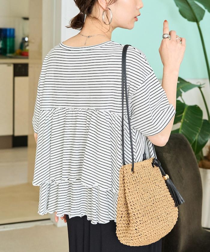 條紋荷葉邊拼接短袖上衣
