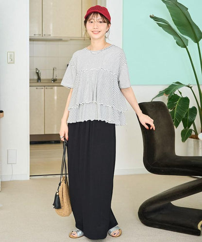 條紋荷葉邊拼接短袖上衣