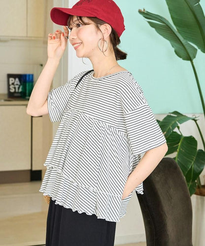 條紋荷葉邊拼接短袖上衣