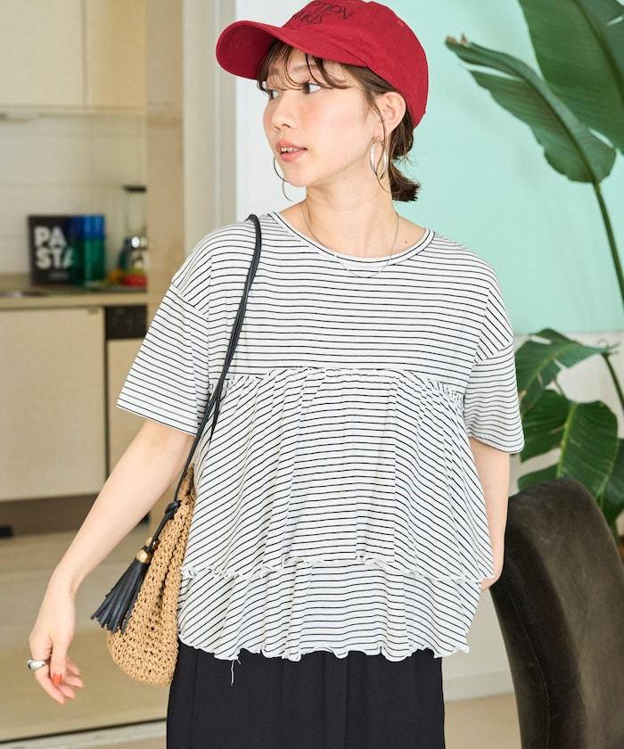 條紋荷葉邊拼接短袖上衣