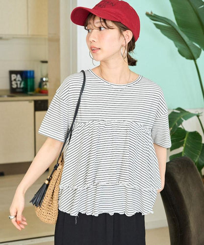 條紋荷葉邊拼接短袖上衣