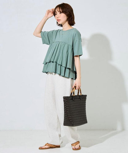 條紋荷葉邊拼接短袖上衣