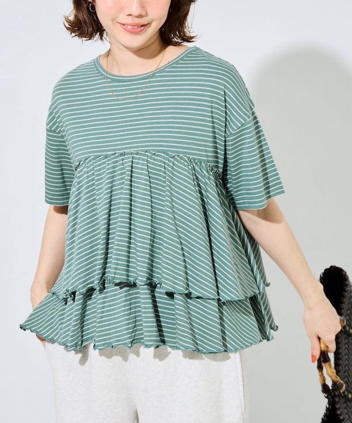 條紋荷葉邊拼接短袖上衣