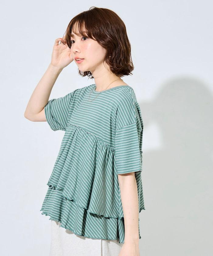 條紋荷葉邊拼接短袖上衣
