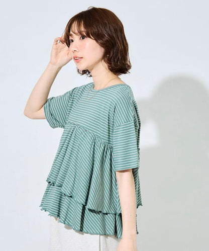 條紋荷葉邊拼接短袖上衣