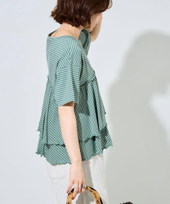 條紋荷葉邊拼接短袖上衣