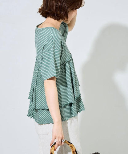 條紋荷葉邊拼接短袖上衣