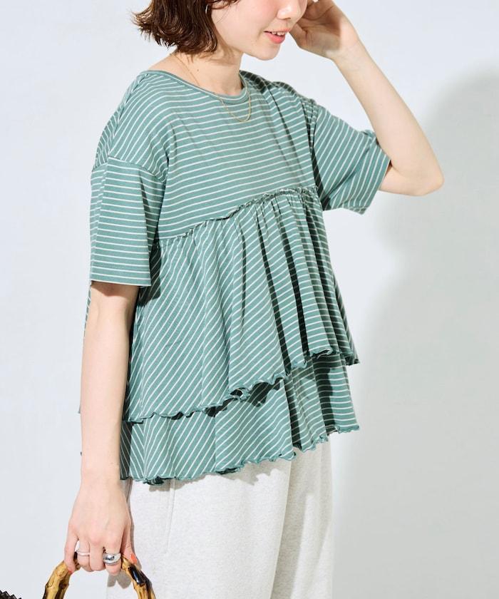 條紋荷葉邊拼接短袖上衣