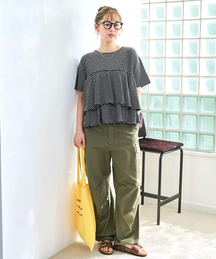 條紋荷葉邊拼接短袖上衣