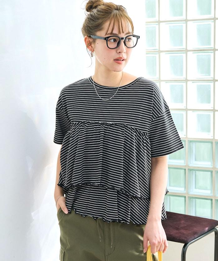 條紋荷葉邊拼接短袖上衣