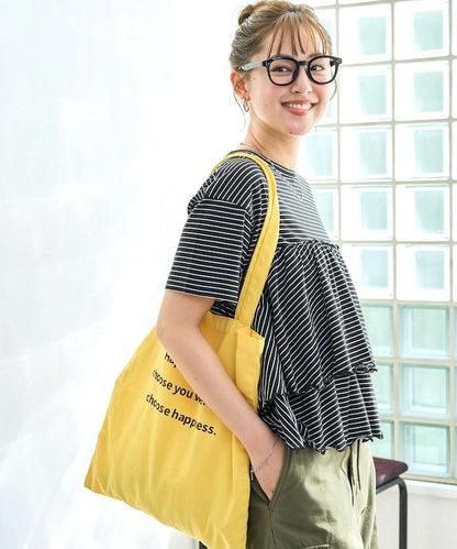 條紋荷葉邊拼接短袖上衣