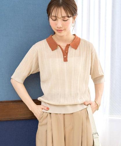 拼色Polo領短袖夏季針織上衣