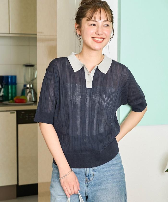 拼色Polo領短袖夏季針織上衣