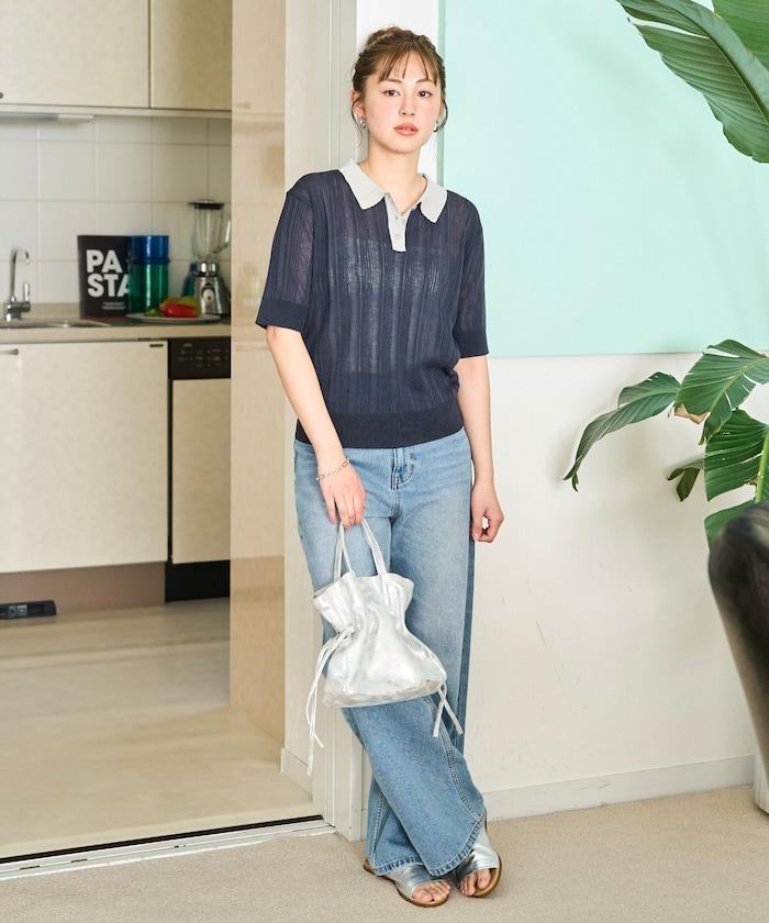 拼色Polo領短袖夏季針織上衣