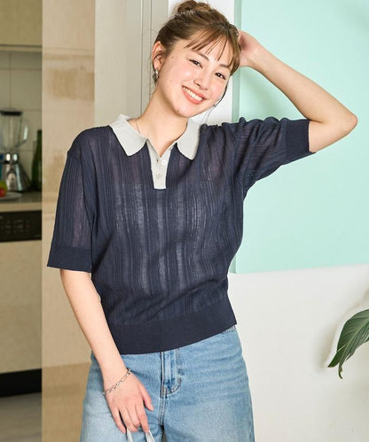 拼色Polo領短袖夏季針織上衣