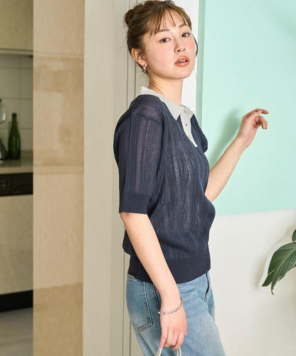 拼色Polo領短袖夏季針織上衣