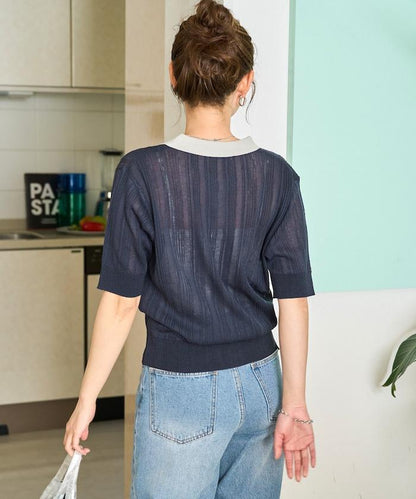 拼色Polo領短袖夏季針織上衣