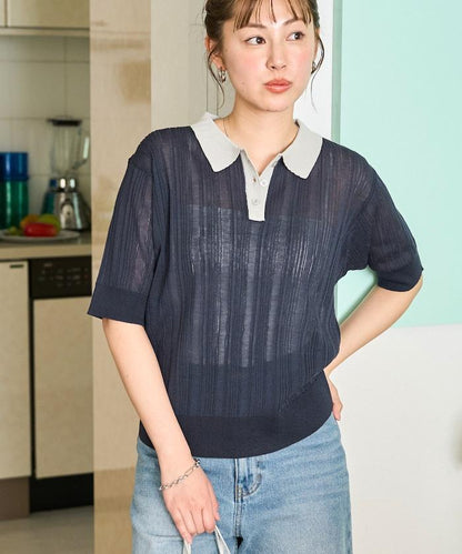 拼色Polo領短袖夏季針織上衣