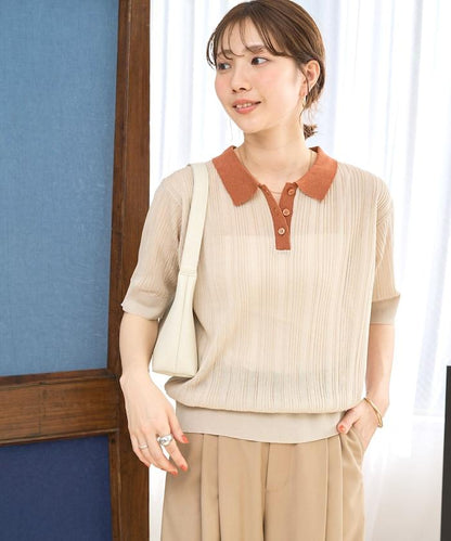 拼色Polo領短袖夏季針織上衣