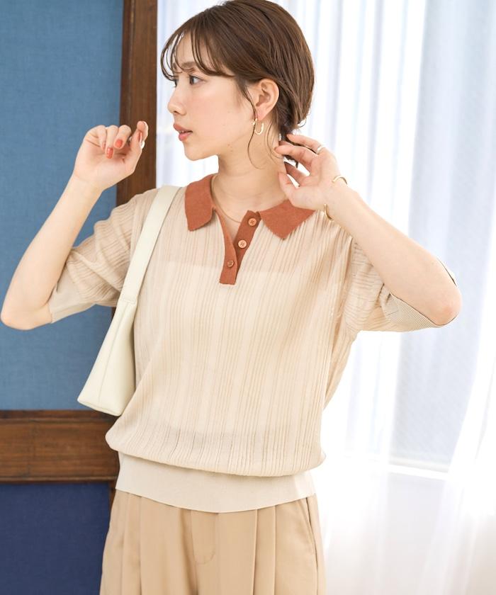 拼色Polo領短袖夏季針織上衣