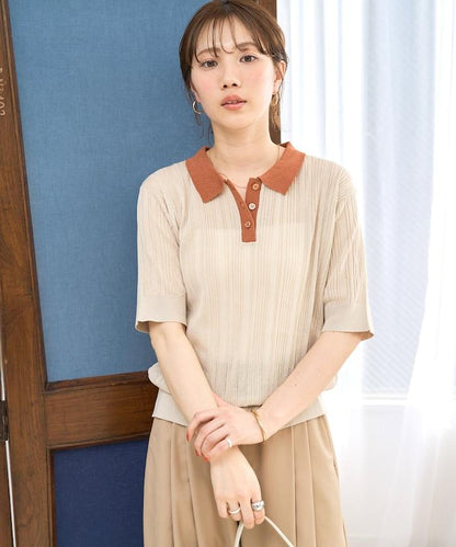 拼色Polo領短袖夏季針織上衣