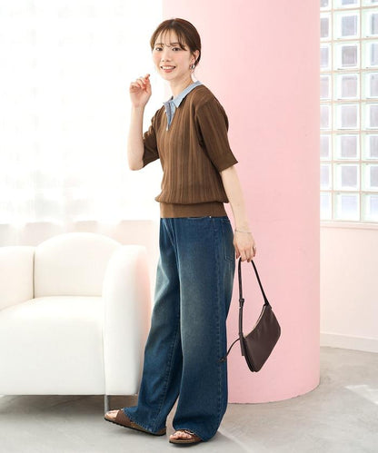 拼色Polo領短袖夏季針織上衣