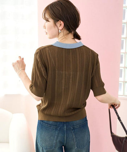 拼色Polo領短袖夏季針織上衣