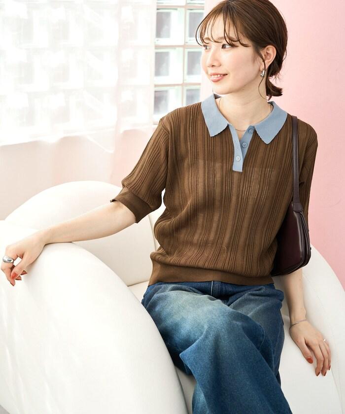 拼色Polo領短袖夏季針織上衣