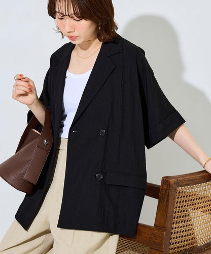 尼龍皺感面料 雙排扣設計 短袖 夾克