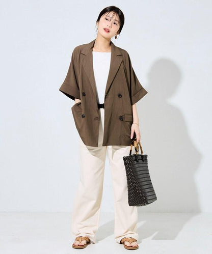 尼龍皺感面料 雙排扣設計 短袖 夾克