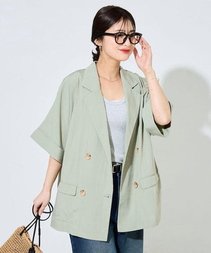 尼龍皺感面料 雙排扣設計 短袖 夾克