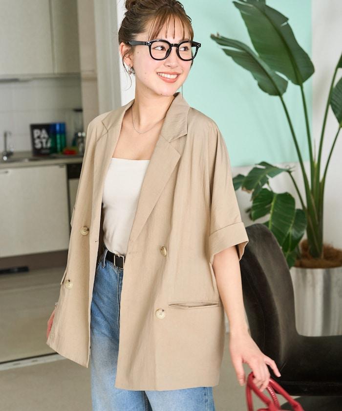 尼龍皺感面料 雙排扣設計 短袖 夾克