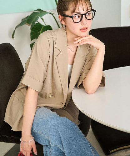 尼龍皺感面料 雙排扣設計 短袖 夾克