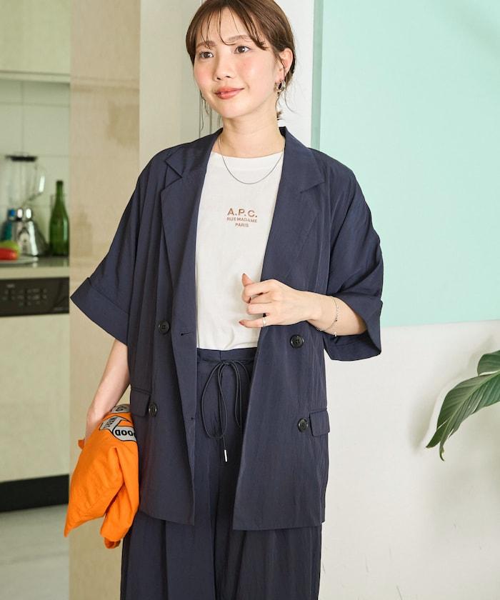 尼龍皺感面料 雙排扣設計 短袖 夾克