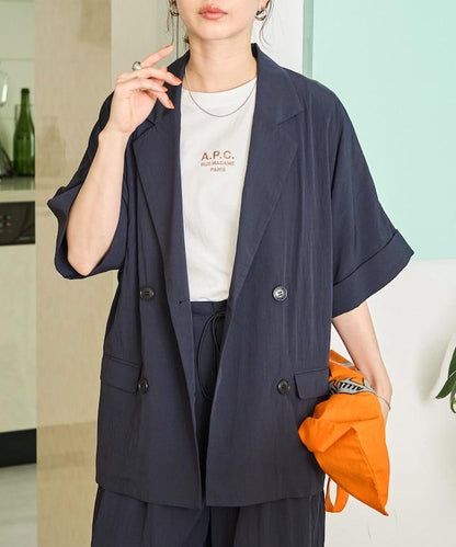 尼龍皺感面料 雙排扣設計 短袖 夾克