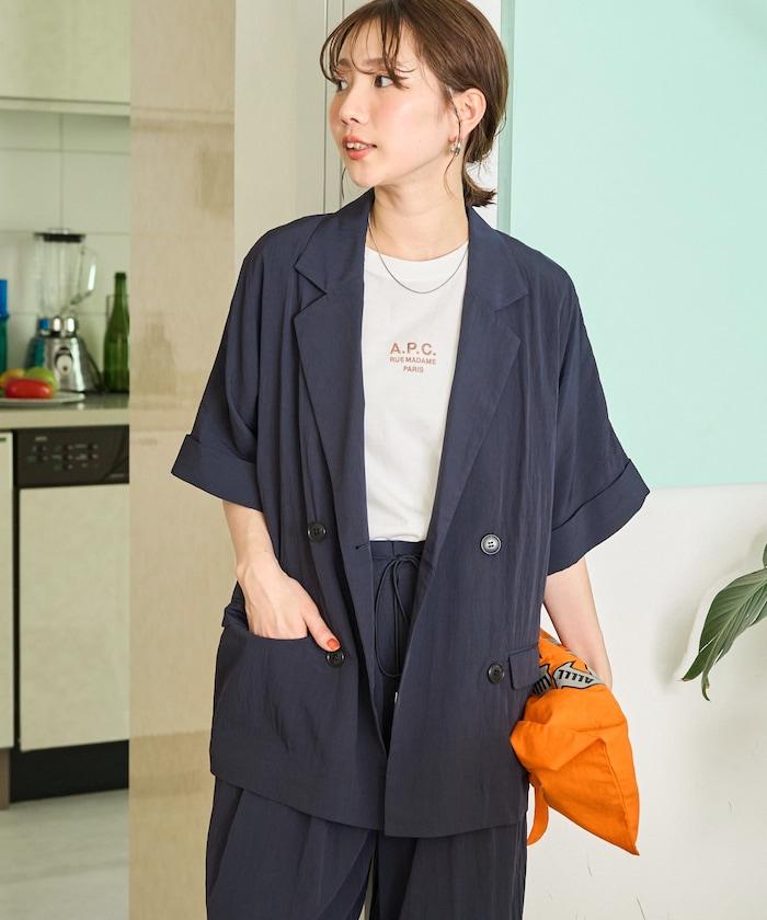 尼龍皺感面料 雙排扣設計 短袖 夾克