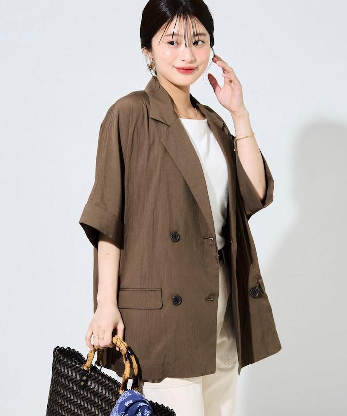 尼龍皺感面料 雙排扣設計 短袖 夾克