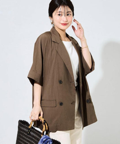 尼龍皺感面料 雙排扣設計 短袖 夾克