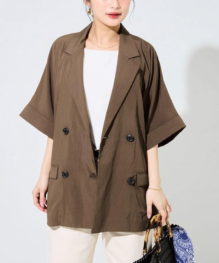 尼龍皺感面料 雙排扣設計 短袖 夾克