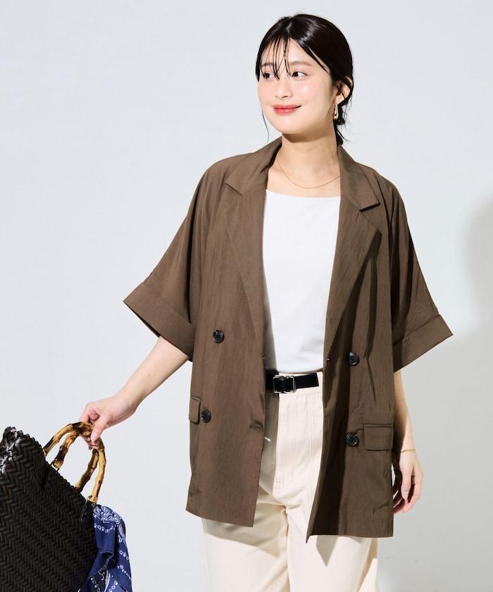 尼龍皺感面料 雙排扣設計 短袖 夾克