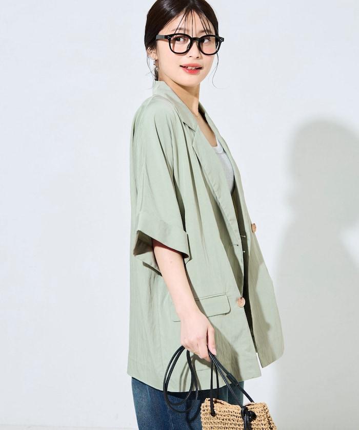 尼龍皺感面料 雙排扣設計 短袖 夾克